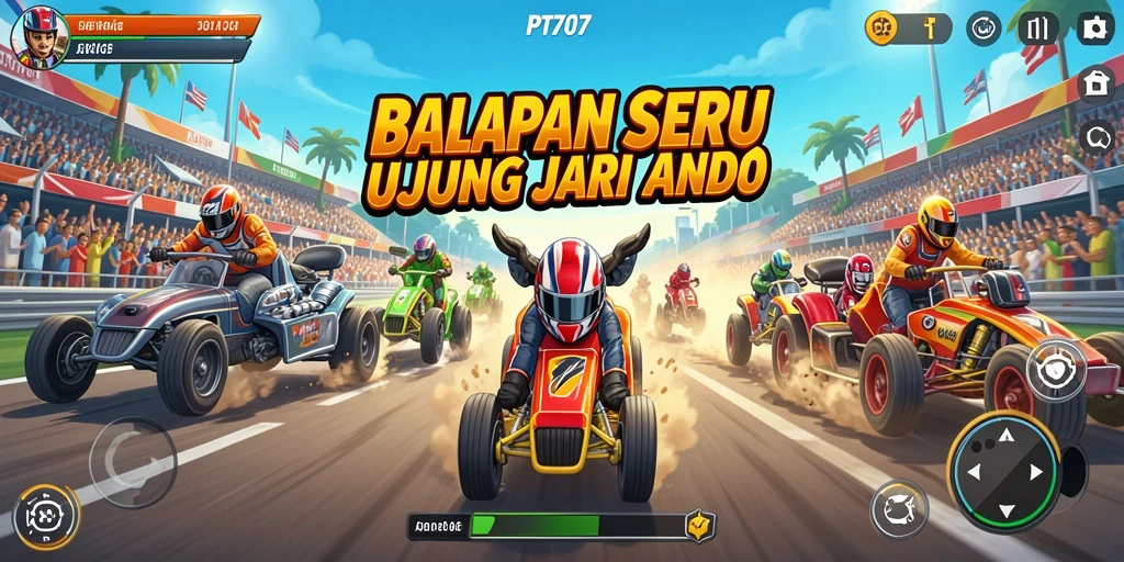 Gameplay seru PT707 dengan mobil balap melaju kencang.