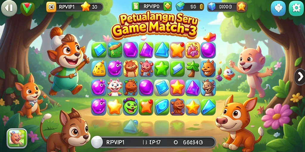 Tampilan gameplay seru dari RPVIP1 dengan permata warna-warni yang menanti untuk dicocokkan.