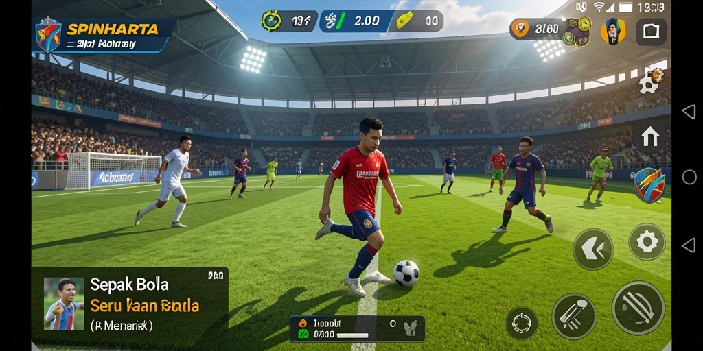Screenshot gameplay SPINHARTA yang menampilkan pertandingan sepak bola yang seru.
