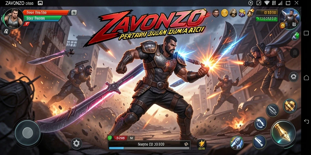 Screenshot utama ZAVONZO menampilkan aksi pertarungan yang intens.